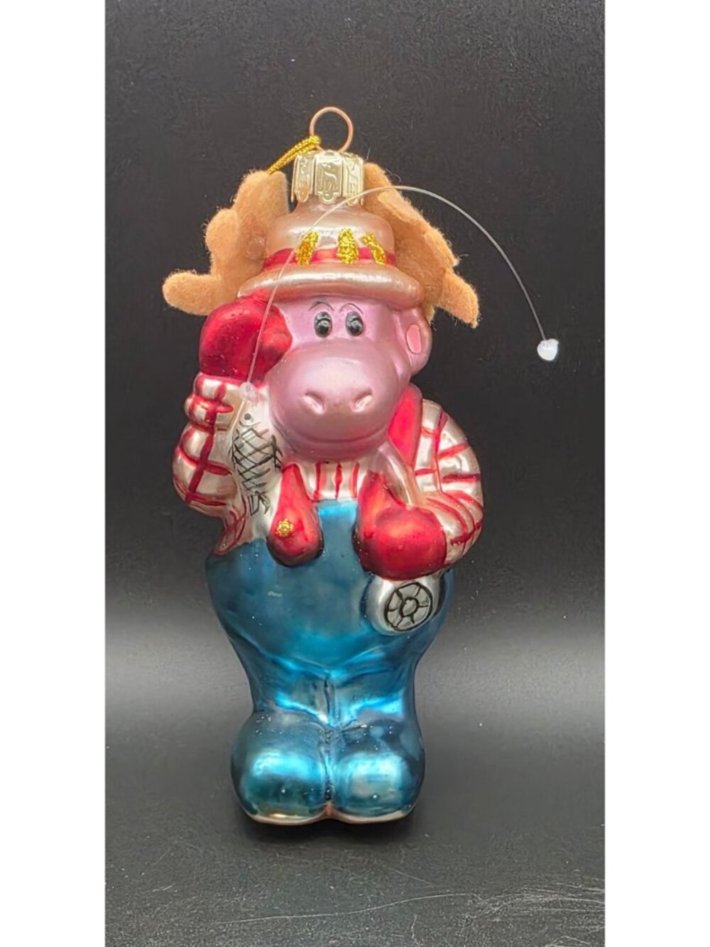 Hand Crafted Santa's Best Fishing Moose Blown Glass 5" Christmas Ornament